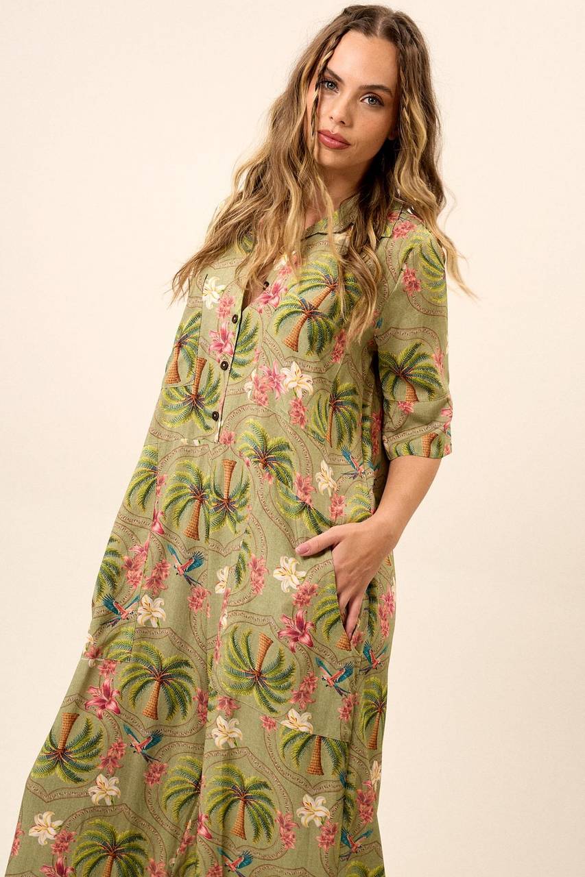 Yacamim O3 Green Printed Wide-Leg Jumpsuit