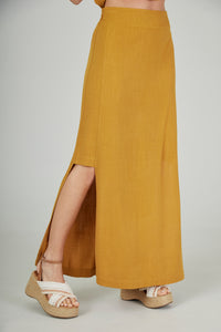 Yacamim Mustard Viscose Linen Straight Skirt A11