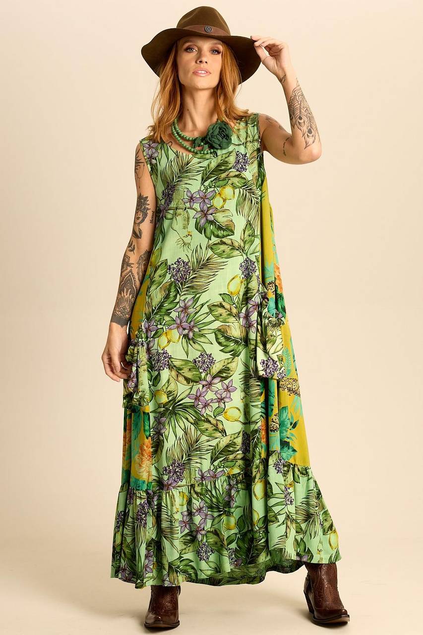 Yacamim Green Patchwork Sleeveless Midi Dress