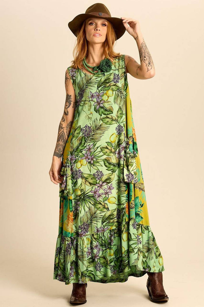 Yacamim Green Patchwork Sleeveless Midi Dress