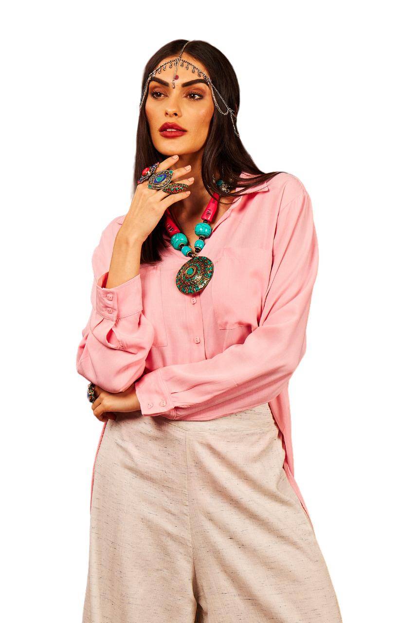 Yacamim Light Pink Short Wide Chemise with Long Sleeves