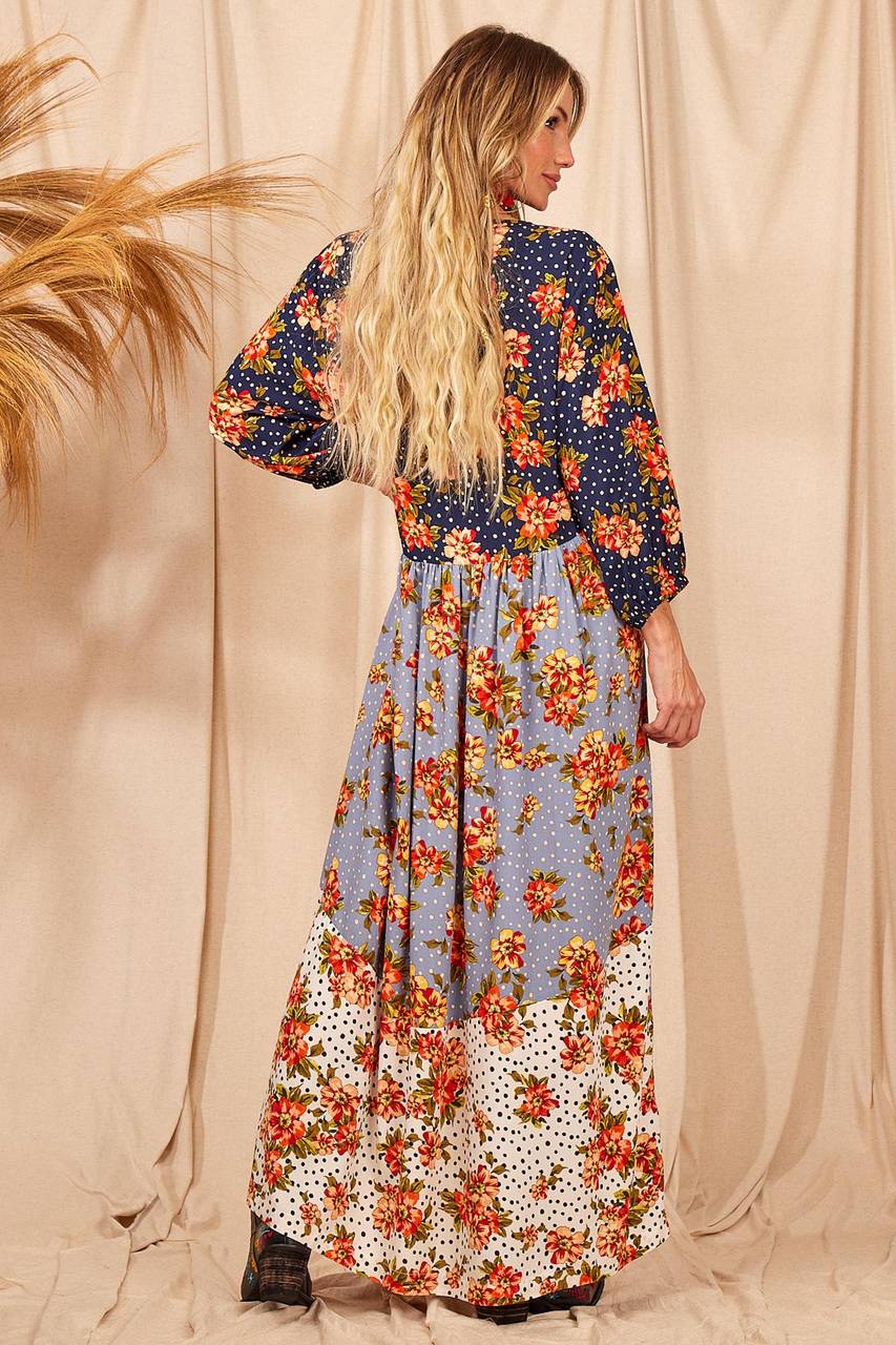 Yacamim D6 Long Patchwork Dress with Puffy Long Sleeves