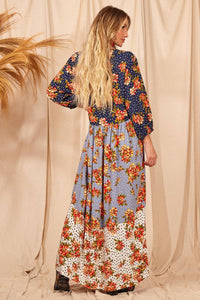 Yacamim D6 Long Patchwork Dress with Puffy Long Sleeves