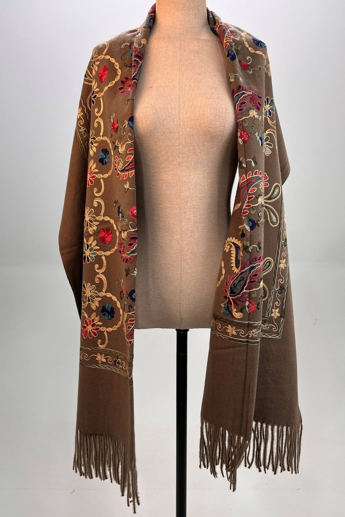 Brown Embroidered Cashmere Scarf Yacamim #316
