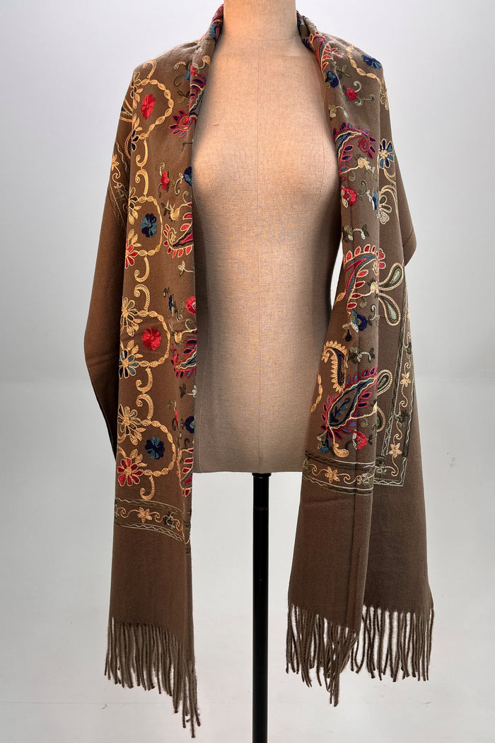 Brown Embroidered Cashmere Scarf Yacamim #316