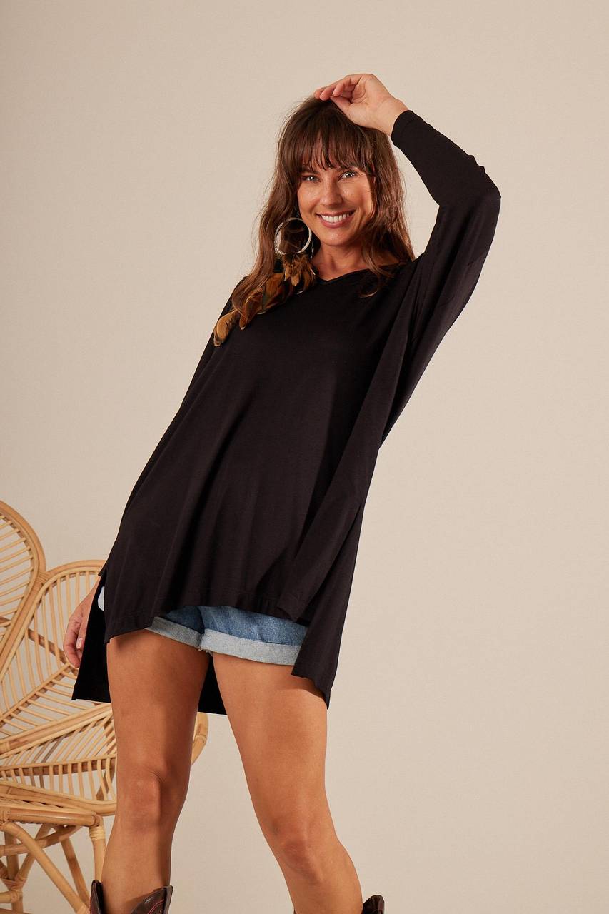 Yacamim Women's Black Extended Back Loose Basic Blouse