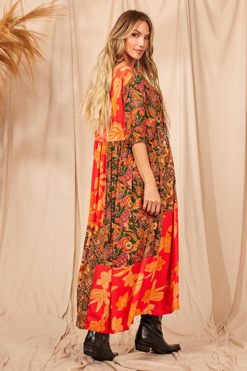 Yacamim C9 Orange Patchwork Midi Dress with 3/4 Sleeves