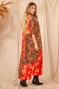 Yacamim C9 Orange Patchwork Midi Dress with 3/4 Sleeves
