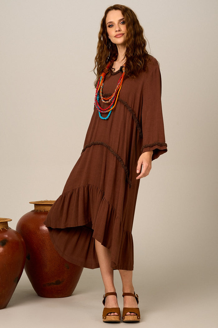 Yacamim E16 Dark Brown Viscose Linen Ruffled Midi Dress