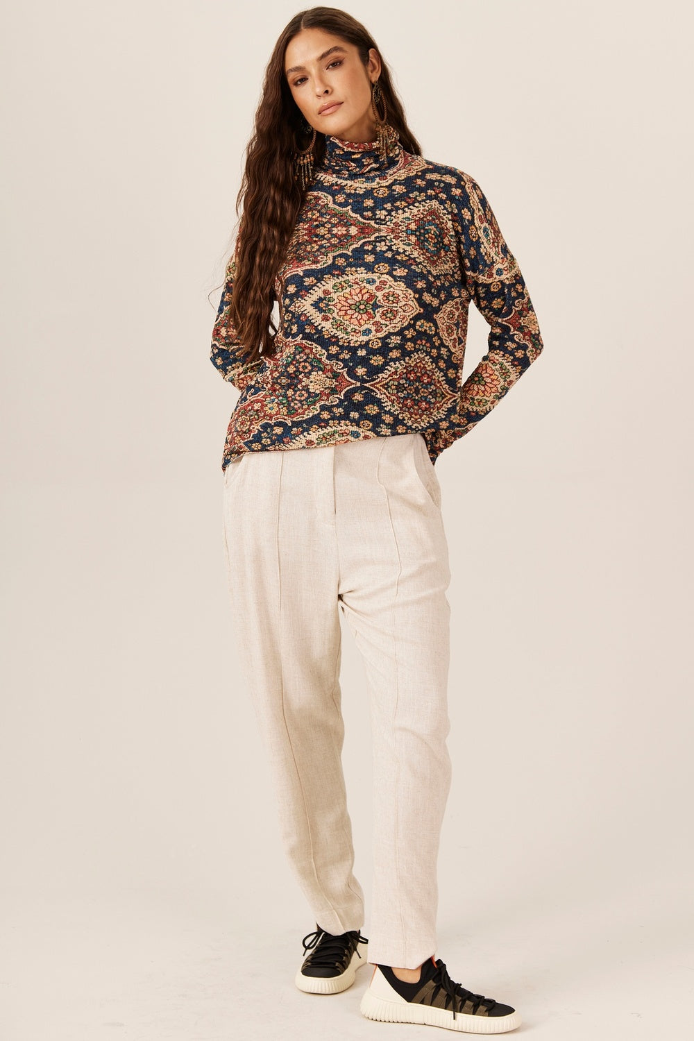Yacamim A10 Beige Viscose Linen Tailored Trousers