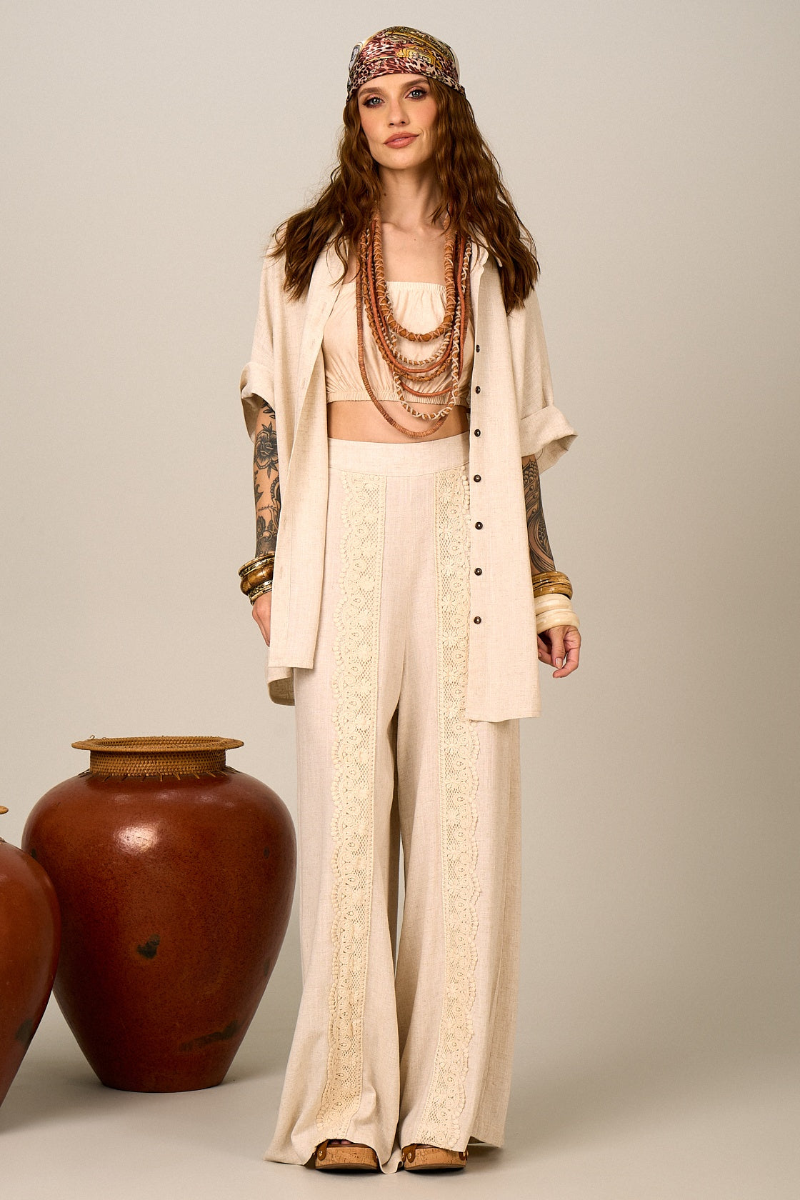 Yacamim H2 Beige Nature Viscose-Linen Wide-Leg Pants