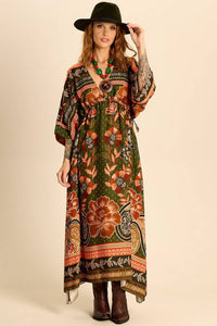 Yacamim Printed Dark Green Long Kaftan with Waist Tunnel