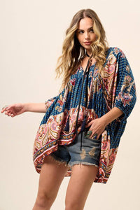 Loose Tunic with 3/4 Puffy Sleeves Blue Cashmere Print Yacamim