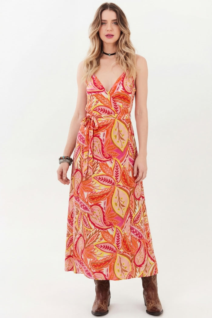 Yacamim Women's Pink Paisley Print Wrap Midi Dress C22
