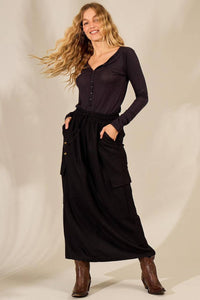 Black Yacamim G1 Linen Midi Skirt with Slits