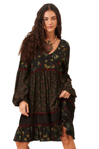 Vestido Curto Manga Longa Bufante Verde Escuro Patchwork Yacamim D31