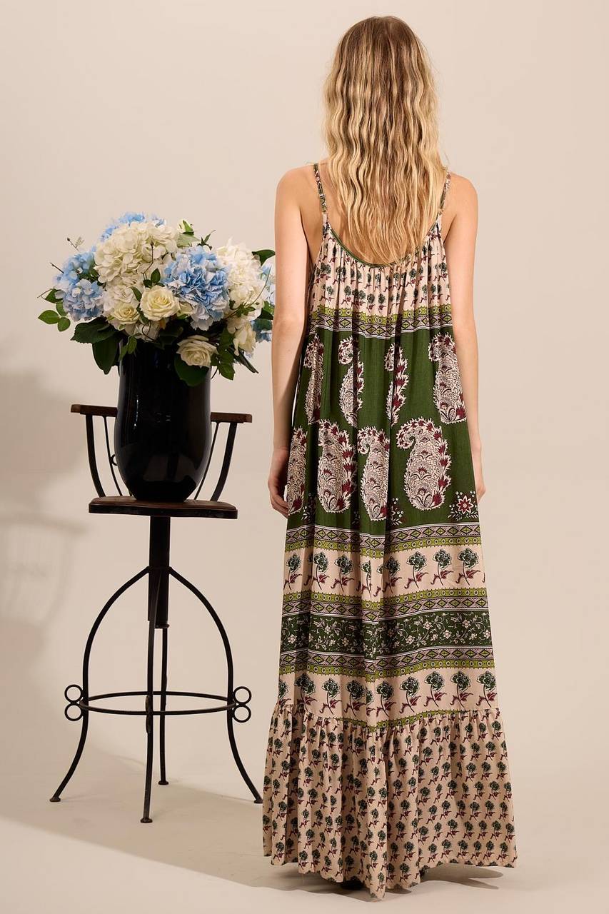 Yacamim Printed Green Strappy Long Dress
