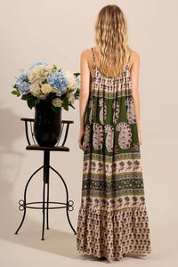 Yacamim Printed Green Strappy Long Dress