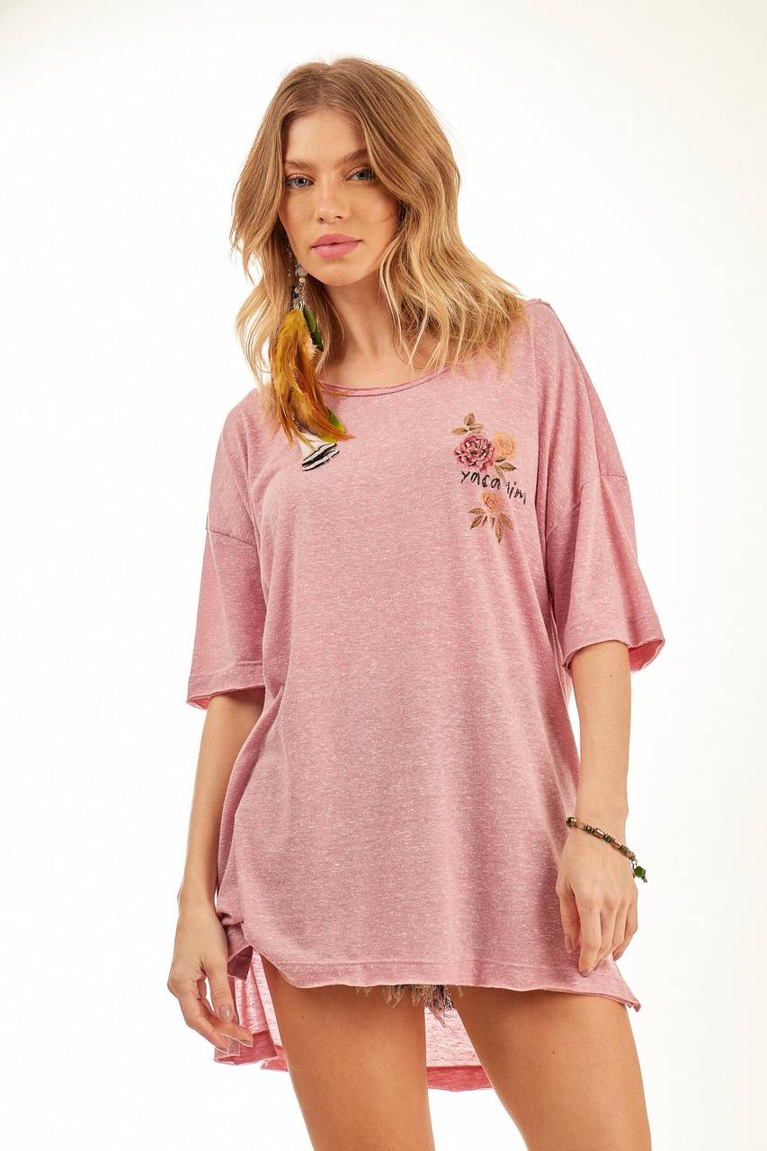 Yacamim B3 Exclusive Print Pink Dropped Shoulder Loose Basic T-Shirt