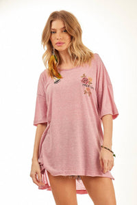 Yacamim B3 Exclusive Print Pink Dropped Shoulder Loose Basic T-Shirt