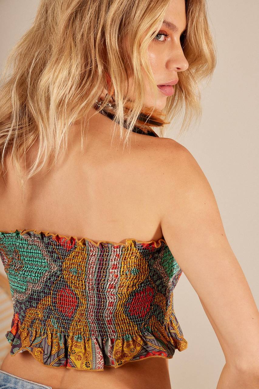 Yacamim Printed Coconut Button Lastex Top