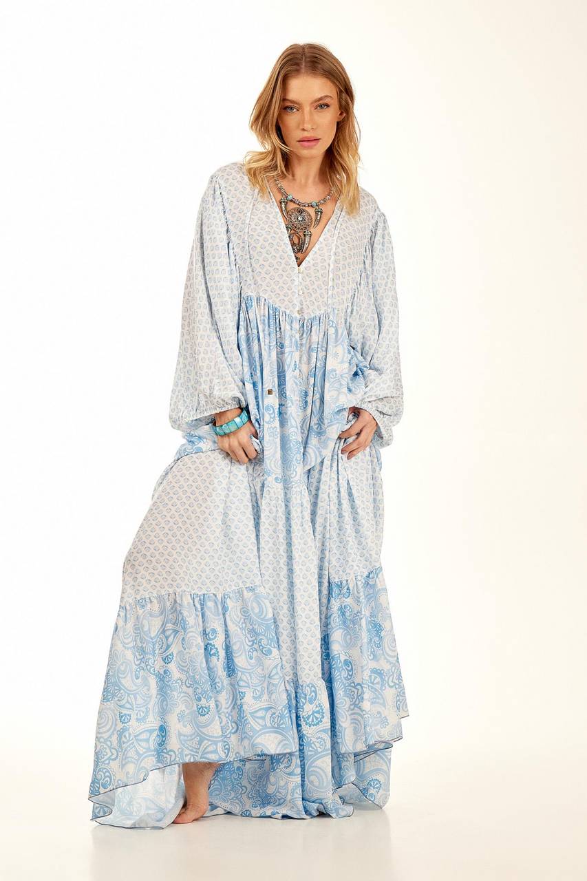 Light Blue V-Neck Patchwork Long Chemise Dress Yacamim