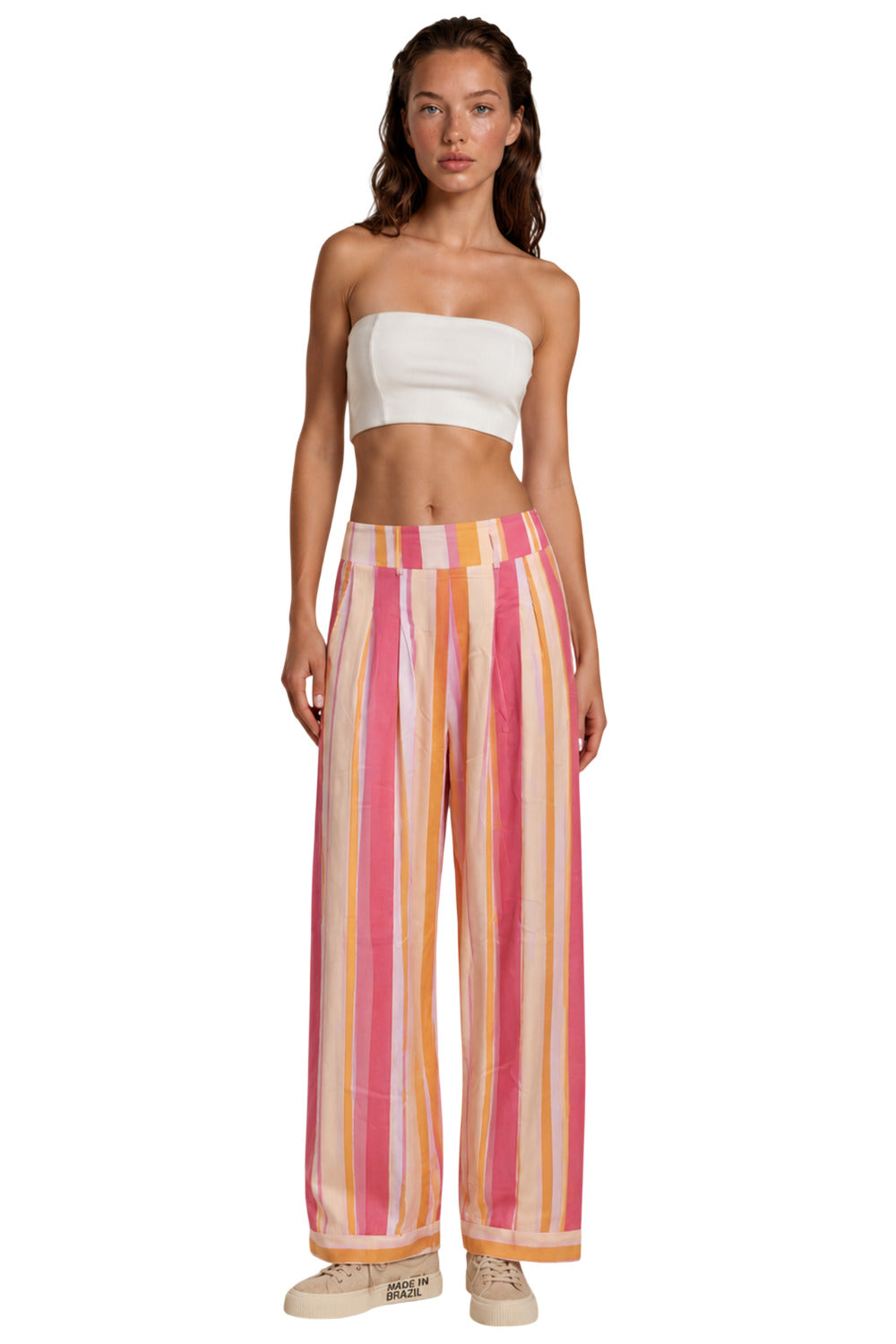 Calça Pantalona Com Bolsos Rosa E Amarela Listrada Yacamim H8