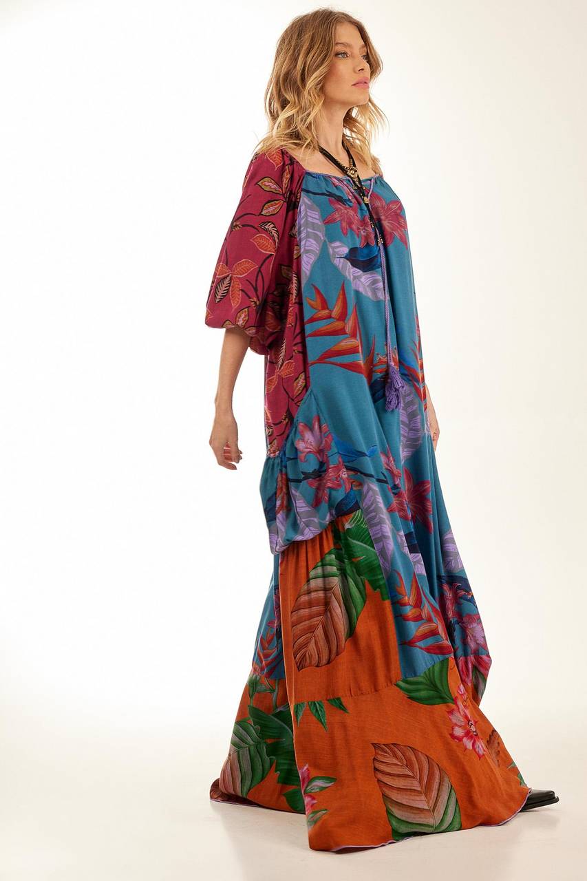 Yacamim Patchwork Print Wide Long Dress With Puffy Sleeves