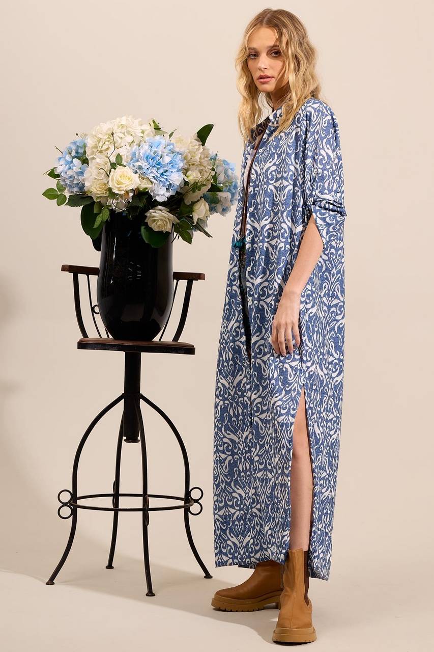 Yacamim N4 Blue Printed Long Shirt Dress with Slits