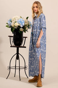 Yacamim N4 Blue Printed Long Shirt Dress with Slits