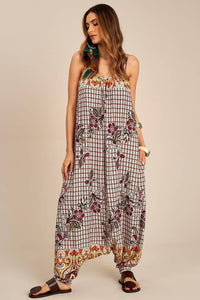 Yacamim Printed White Saruel Jumpsuit with Straps