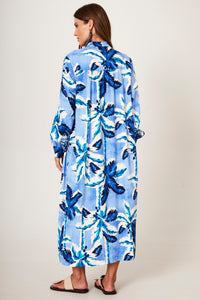 Yacamim P9 Blue Tropical Print Loose Midi Shirtdress