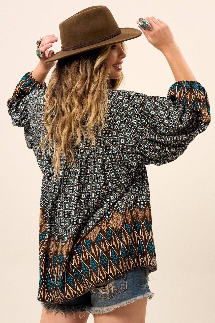 Yacamim Women's Black Printed Batwing Blouse with Puffed Long Sleeves B12