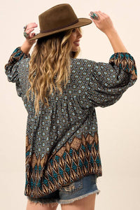 Yacamim Women's Black Printed Batwing Blouse with Puffed Long Sleeves B12