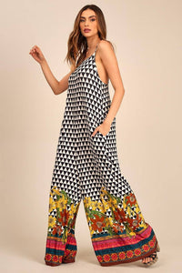 Yacamim Geometric Print Black and White Wide-Leg Jumpsuit with Pockets