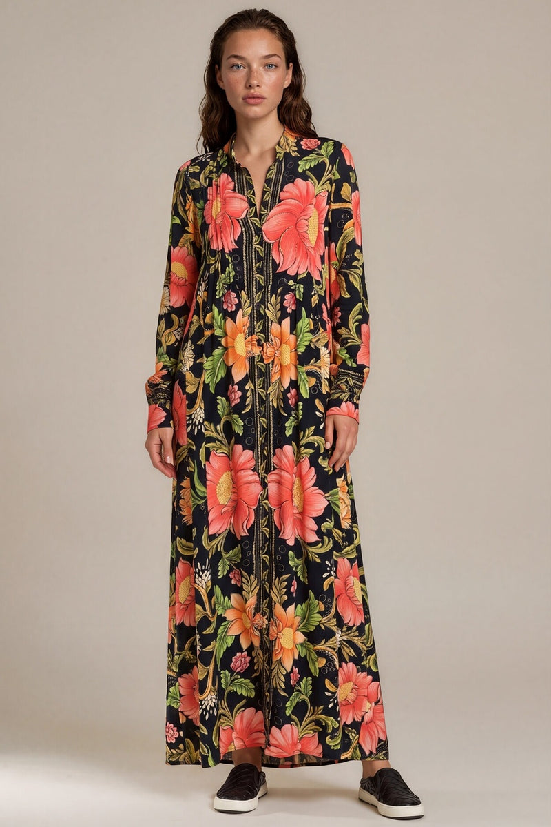 Chemise Ampla Longa Com Botões Pretos Preto Floral Yacamim L7