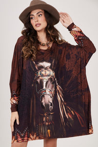 Yacamim S6 Brown Horse Print Wide Tunic with Rhinestones