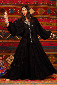 Yacamim Black V-Neck Broderie Long Dress with Puffed Sleeves