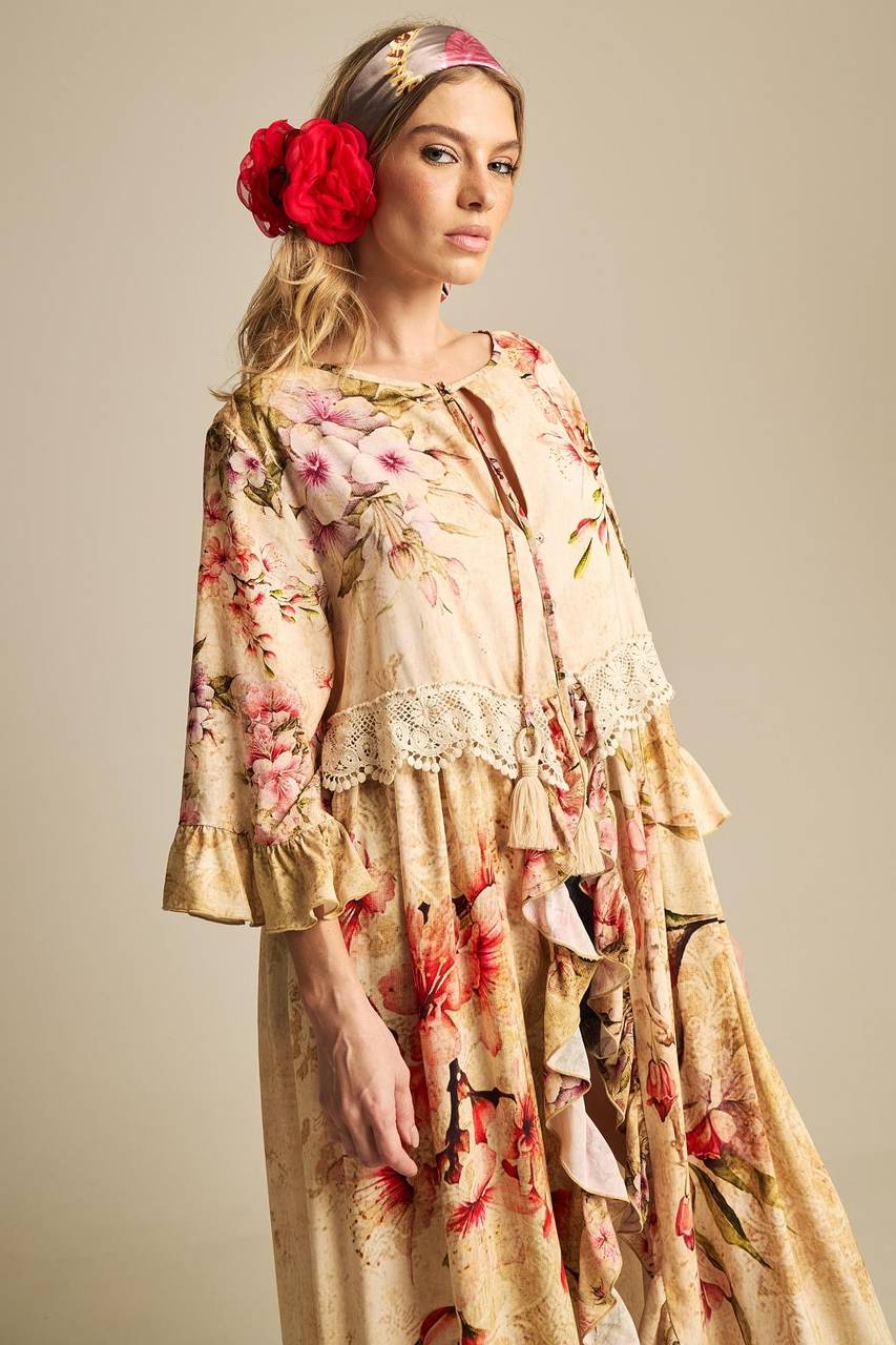 Yacamim D23 Beige Printed Midi Dress With Front Slit