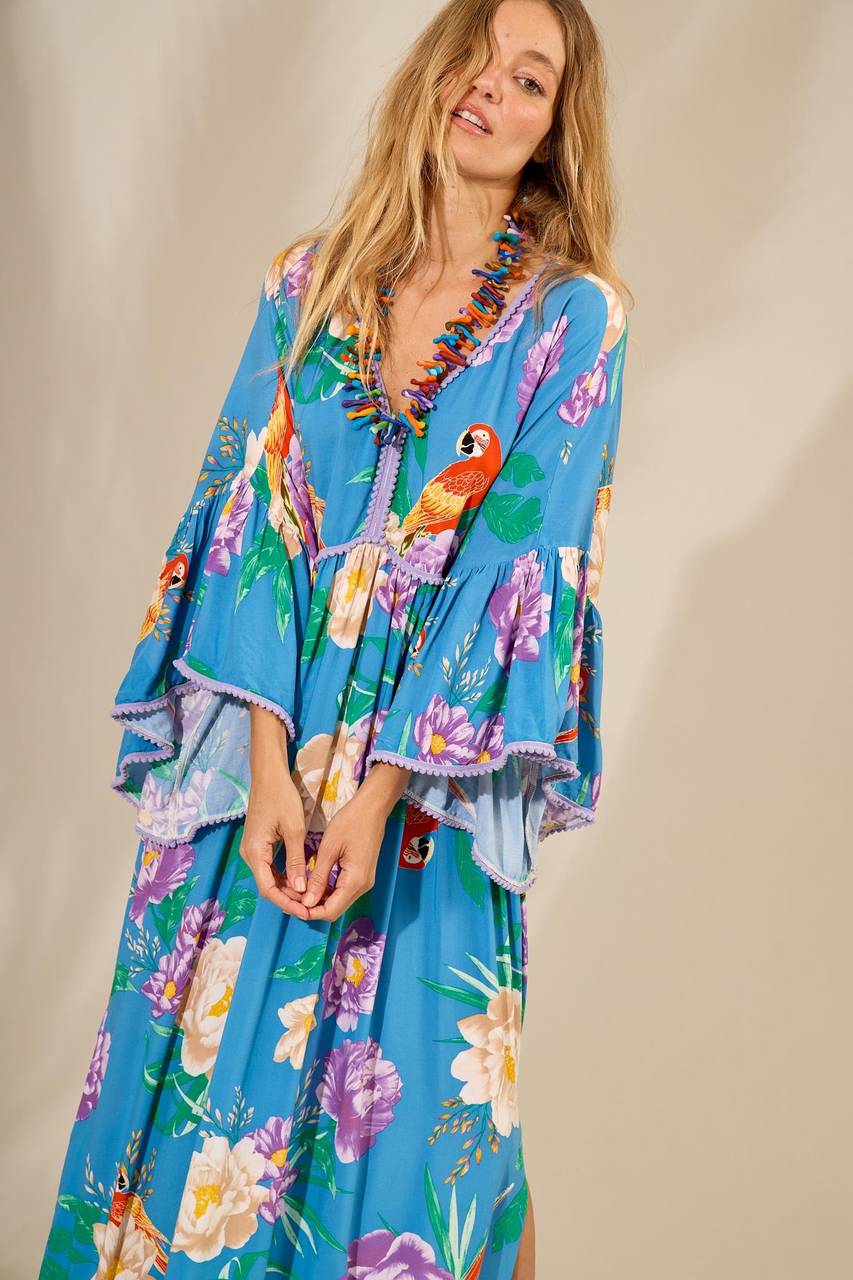 Yacamim Light Blue Printed Flare Long Sleeve Long Dress