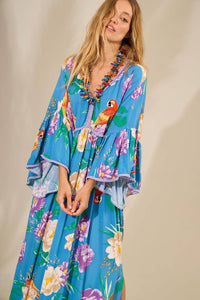 Yacamim Light Blue Printed Flare Long Sleeve Long Dress