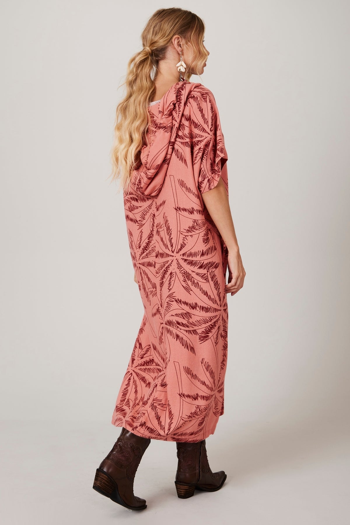 Yacamim C25 Pink Printed Hooded Linen Midi Dress