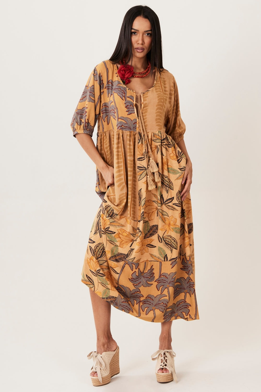 Light Brown Patchwork Midi Dress Yacamim E28