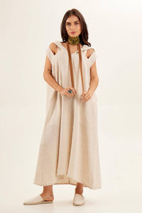 Yacamim Beige 100% Linen Hooded Midi Dress