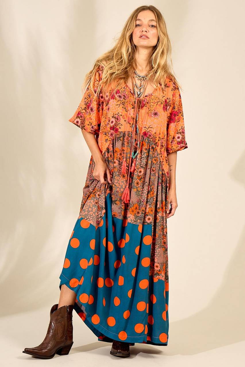 Yacamim Orange Patchwork Long Dress with Puffy Sleeves
