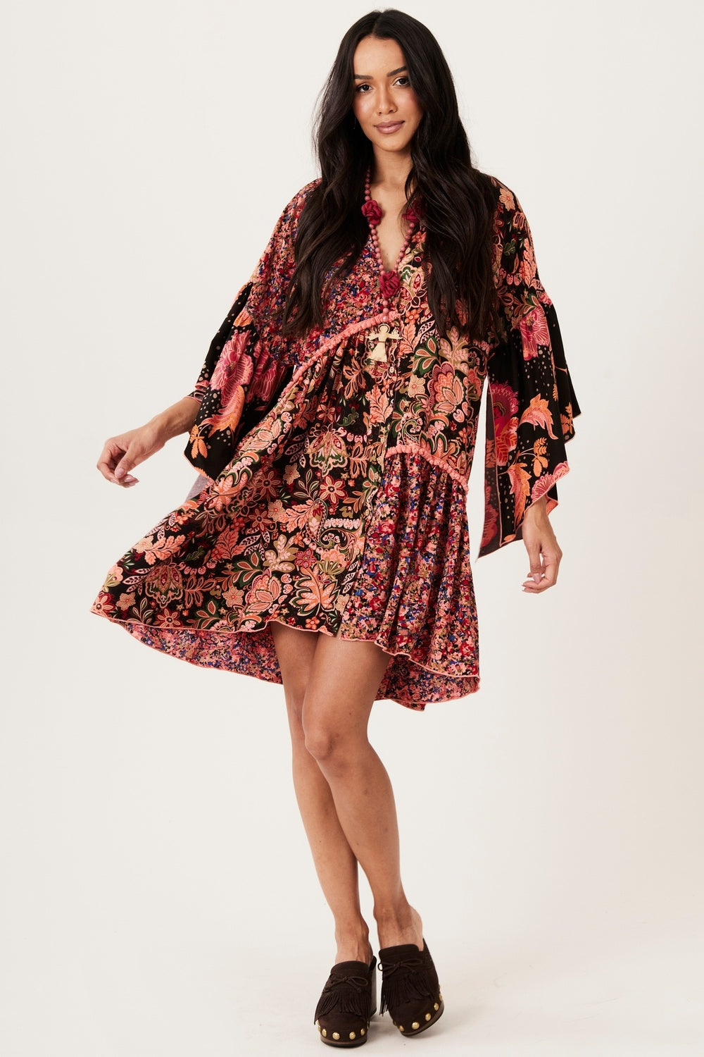 Yacamim E19 Pink Loose Short Dress with Paisley Patchwork Print