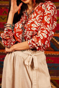 Yacamim Terracotta Printed Long-Sleeved Shirt with Front Pocket