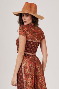Cropped Com Mangas Curtas Terracota Estampa Paisley Yacamim A5