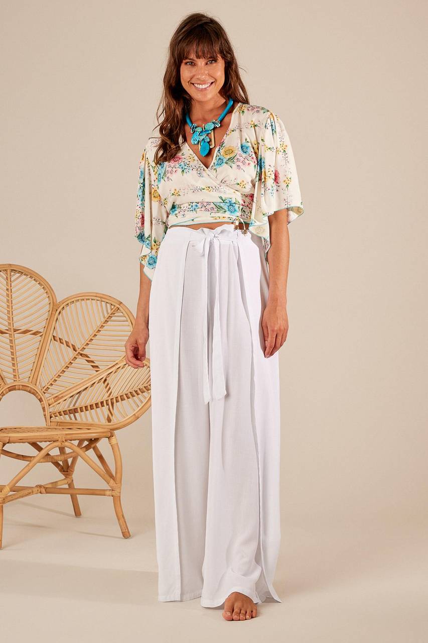 White Yacamim A5 Palazzo Pants with Front Overlay