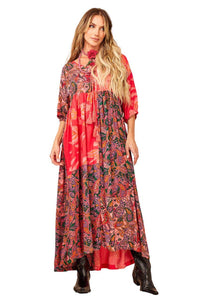 Women's Pink Patchwork Pom Pom Drawstring Long Dress